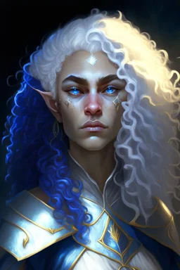 A muscular female elf twilight cleric in a silver robe with blue curly hair and golden eyes