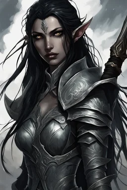 SA female elf with skin the color of storm clouds, deep grey, stands ready for battle. Her long black hair flows behind her like a shadow, while her eyes gleam with a fierce silver light. Despite the grim set of her mouth, there's a undeniable beauty in her fierce countenance. She's been in a fight, evidenced by the ragged state of her leather armor and the red cape that's seen better days, edges frayed and torn. In her hands, she grips two daggers, add dark shadow mystic purple flames