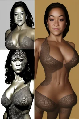 Gina Rodriguez fully transformed into an reptilian female, Keywords: Reptilian alien, radiant scales, multiple evenly spaced breasts. Measurements: Four sets of breasts - 38 inches each, Waist - 26 inches, Hips - 40 inches. Limbs: Four graceful arms, embodying cosmic power. Gina's otherworldly essence captured with enhanced curves, an alluring blend of reptilian beauty, transcending Earthly limitations.