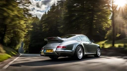 A sleek rear view of (((a cross of bentley and porsche 911))), on street, with hill and trees around, a beautiful clouds and sunny weather