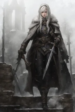 A female cleric dressed for the cold with a sword. Snowy background