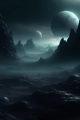 can you create a planet that has a gloomy planet that's always in a kind of twilight. It's covered in rough, pointy mountains and empty valleys that feel really quiet and spooky. The air is thick and gives off a creepy vibe, like something mysterious is always there. The whole place has a heavy and unsettling feeling, making it a bit eerie.