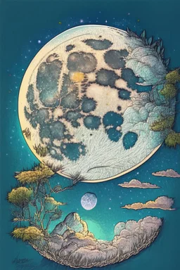 Large moon in the sky, nature doodles, drawing, color, detailed