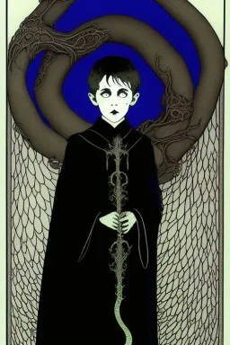 7 year old boy, necromancer, friendly, looks dead,with a lamprey serpent , wearing black robes, in the style of Harry Clarke