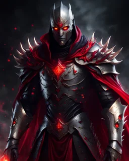 handsome Dark lord in silver and gold armor with glowing red eyes, and a ghostly red flowing cape, crimson trim flows throughout the armor, the face is fully covered, black and red spikes erupt from the shoulder pads