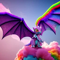 cute, adorable baby dragon made of crystals and gems with glittery scales and iridescent wings sitting on a cloud of cotton candy, muted rainbow colors, intricate, fine detail, 8k, sharp, crisp, high-quality, 3d octane render, Dreamworks, render