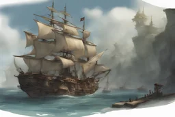 Side view, concept art, pirate bay, lots of details, Nassau