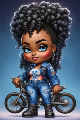 create an airbrush illustration of a chibi cartoon voluptuous black female wearing a blue jean outfit with a tie dye tshirt with biker boots. Prominent make up with hazel eyes. Extremely highly detail of a tight curly black bantu knots. Background of a bike show