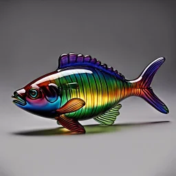 a blown glass fish with rainbow-hued stripes, early 20th century Art Deco. Elegant and intricate detailing super realistic