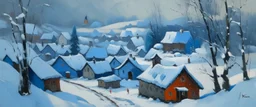 A blue village covered in snow blizzard painted by Karl Wiener