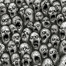 sketch line, rought, of faces on a pages, screaming and sad, demented, mad, journal