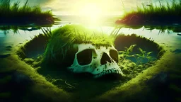 animal skull moss pond sunrays. beach