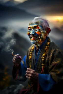 portrait of yoga kung fu dragon laughing smoke rings at mountain top , lightening storm brewing,shot on Hasselblad h6d-400c, zeiss prime lens, bokeh like f/0.8, tilt-shift lens 8k, high detail, smooth render, down-light, unreal engine, prize winning