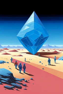 giant diamond in the desert with small people around n the style of Hiroshi Nagai