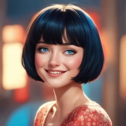 vibrant art of a cute lady innocently smiling, black bob haircut short hair, red cheeks, blue eyes, cinematic shot from a movie