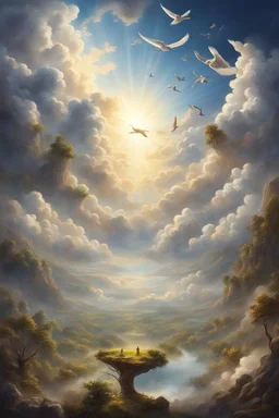 The creation of the world by God. In front of us is a valley with a beautiful landscape, where beautiful animals roam, beautiful birds fly in the sky, beautiful clouds and God in the clouds