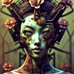 an abstract painting of rusted metal and flowers, Geisha portrait, rust, scaffolding, iron cladding, decay, mixed media, textured, anatomically correct, beautiful perfect face,perfect eyes, sharp focus, highly detailed 8k