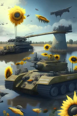 all kinds of guns and missiles in gray lake with bridge of sunflowers and tanks