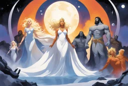 [illustration by Angus McBride] A cosmic heroic fantasy tableau in the style of American Gods at a galactic scale: multiple deities standing in a fractured divine realm. In the center, Lov, a newborn blonde goddess of lust and raw power, radiant and dangerous, glowing with instinctive energy. Nearby, the White Witch, a pale blonde former goddess of healing and peace, serene yet subtly corrupted, her light dimmed by influence. In the background, hints of absence: abandoned divine forges for Rip,