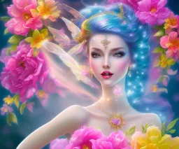 beautiful bright fairy portrait who smiles with long hair, thin face, two hands, two transparent wings on her back in a pink,blue, yellow flowers background,