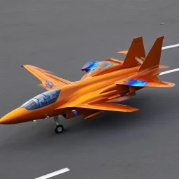 award winning photograph of a horsefly fighter-jet genetic-splice designed by only one vehicle per image painted metallic orange traveling at a high rate of speed, jet intake off of front center of vehicle and jet exhaust out the rear with bright blue flames painted on the hood and front quarter panels, bilaterally symetrical, more a high speed road vehicle