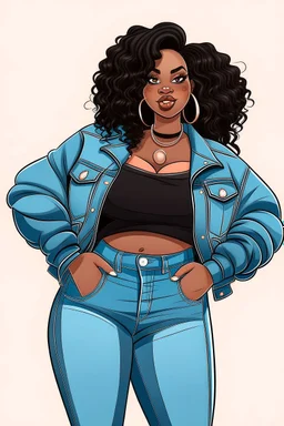 Create a stylish and empowering hand-drawn illustration of a black curvy woman showcasing confidence and beauty while wearing jeans.