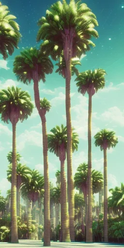 1980's aesthetic vaporwave curvy palm trees with spheres and ufo