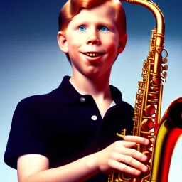 REd-haired ron howard as richie from happy days Is wearing a school jersey and playing the saxophone with his eyes closed, rock band, saxophone lips