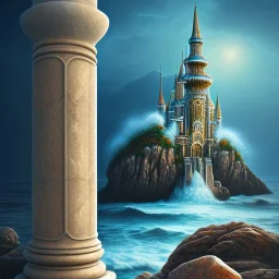 close up on holy diver, beach, stone pillars, book cover, fantasy