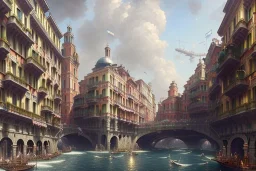 Elevated Train pass+trains+ corner building on sea+riomaggiore+genoa street+turin+Italian medieval town+Italian city+alphonse mucha, greg rutkowski,matte painting, cryengine, hyper detailed, felix kelly, fantasy art, seb mckinnon