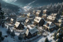 medieval village in the snow covered mountain forest