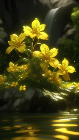 A captivating 3D Pixar-style render of a vibrant yellow Gelsemium sempervirens, or yellow jasmine plant. The plant is depicted with intricate details, including delicate leaves and a tender stem. It emits a mesmerizing, healing light that shimmers like liquid gold. The background is a dynamic, magical water scene with cascading waterfalls, golden dolphins, and a mythical sea serpent. The overall atmosphere is a harmonious blend of anime, flamboyant colors, and whimsical magic., anime, vibrant, 3