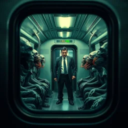 Zombie apocalypse horror, from perspective of looking through a window on a train car door, a passenger section of a modern train had several zombies with tentacled mouths that are approaching a standing uninfected man in a business suit, horror, well lit, volumetric lighting, HD photography, fantastical realism