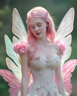 Magnifique woman lady fairy facing happy voluptuous white pink enchanted flowers wings magic long big dress pink outerspace stars planets