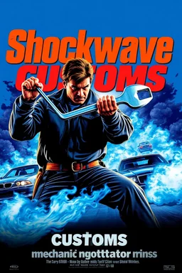 "Design a 90s-style romantic movie poster titled 'Shockwave Customs' with a blue theme and blue flames. Feature a super heroic mechanic in the foreground, fiercely battling thousands of adversaries with a spanner. In the background, show cars doing burnouts, creating a dynamic and intense scene. Capture the high-energy, gritty aesthetic of classic 90s romantic films. Prominently display the subtitle 'mmechanic negotiator' in bold, CRAZY impactful lettering."