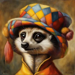 Imagine an anthropomorphic meerkat with a harlequin hat ,by Judith Leyster. in the style of August Macke, John Blanche. Modifiers: oil on canvas vibrant imperial colors hyperrealistic ultra detailed crisp quality whimsical muted colors Decadent 64K, UHD, HDR, HQ anthropomorphic face dark, gloomy, mysterious ©Miwi metallic bronze accents