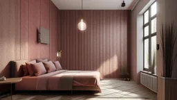 The space designed will be a bedroom. The wall will be painted a dark pink. The most prominent texture would be sheer fabrics. The design will be inspired by organic shapes. It will also have herringbone pattern present and the lighting in the room will be sunny. Finally the furniture will be mid-century.