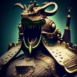 photograph of a warrior with crocodile themed armour. extremely detailed. dslr. 85 mm.perfect position, unreal engine