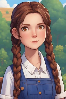 A girl with brown hair in two braids with brown eyes and a blue jumpsuit with a white shirt underneath, stardew, valley style