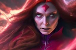 Wanda Maximoff, mulher, cabelos ruivos, olhos vermelhos brilhantes, de lado destruindo algo com sua magia vermelha, traje da feiticeira escarlate, dramatico, 4k render, imagem cinematográfica. Cores frias,