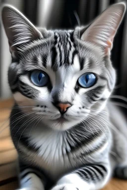 gato listras cinzas escuras e cinzas claras, olhos azuis mar, focinho branco, patas brancas