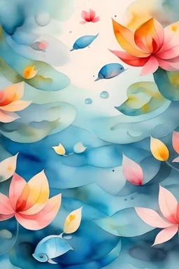 Watercolor painting of flower petals on the water and tiny fish underwater, birds eye view, soft colors