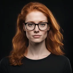 Handsome ginger woman wearing black t-shirt and glasses. Isolated on black background.