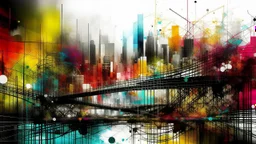 A digital mixed media artwork featuring a large scale scene of a city with a modern bridge stretching over skyscrapers and construction sites, incorporating abstract elements and vibrant colors to create a visually stunning cityscape