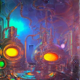 group of scientists is in the laboratory. invent new colors. smoke rises from multi-colored glassware. they are wearing overalls. color swatches in the background. hyperdetailed, orange and teal, warm colors, detailed painting, photorelistic, oil on canvas, light dust, futuristic. volumetric lighting