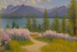 Mountains, lake, flowers, pathway, pine trees, clouds, philip wilson steer impressionism painting