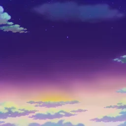 purple sky full of stars, sunflower field, floating ruins of an asian village, anime, high res, makoto shinkai