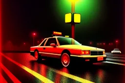 A 1990s car standing in front of a red traffic light, empty street, Cairo, 1990s, night time, rain, winter, movie scene Nick Harris style