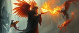 fire smoke and fog and light rays, phoenix jellyfish stingray octopus bird witch in icy waterfall looks beyond really powerful slapping a bird in the face with fire, fantasy illustration, in the style of Rembrandt