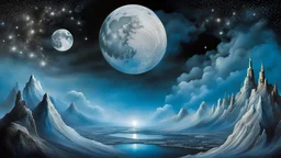 just one giant shiny Moon on the sky, stars and circled silver glitters on the sky, etheral, mystic art, blue, silver, black colors, ethereal fantasy hyperdetailed mist style by dali, bosch, kandinsky